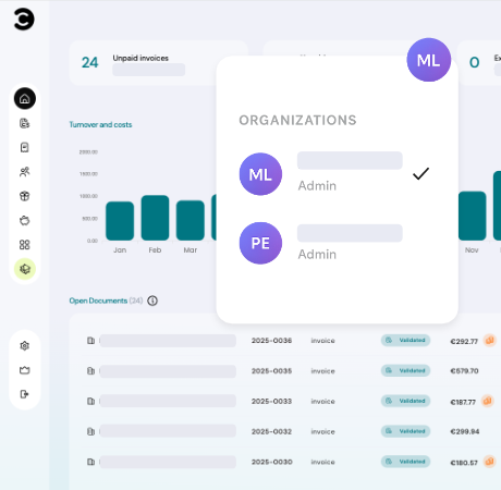 Multi-company management interface showing company switcher and team collaboration